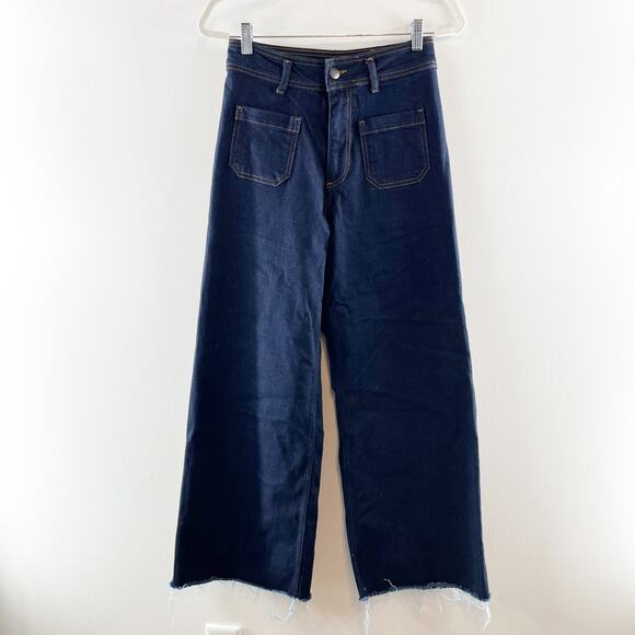 ZARA High Waist Patch Pocket Raw Hem Wide Leg Dark Wash Jeans Blue 6 - Picture 2 of 9